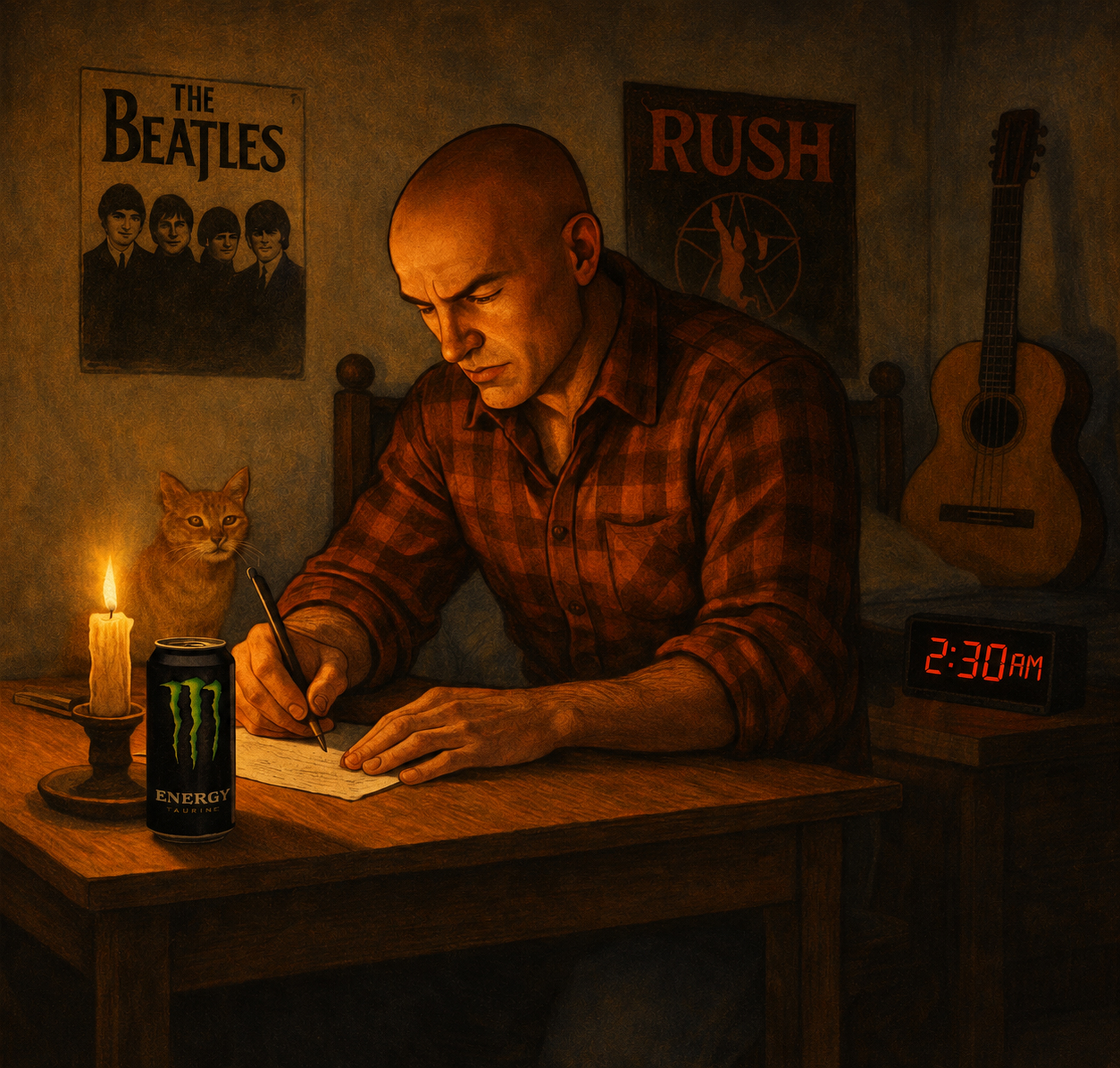 The Mischievous Unknown writing at a candlelit desk, with a cat and guitar nearby.